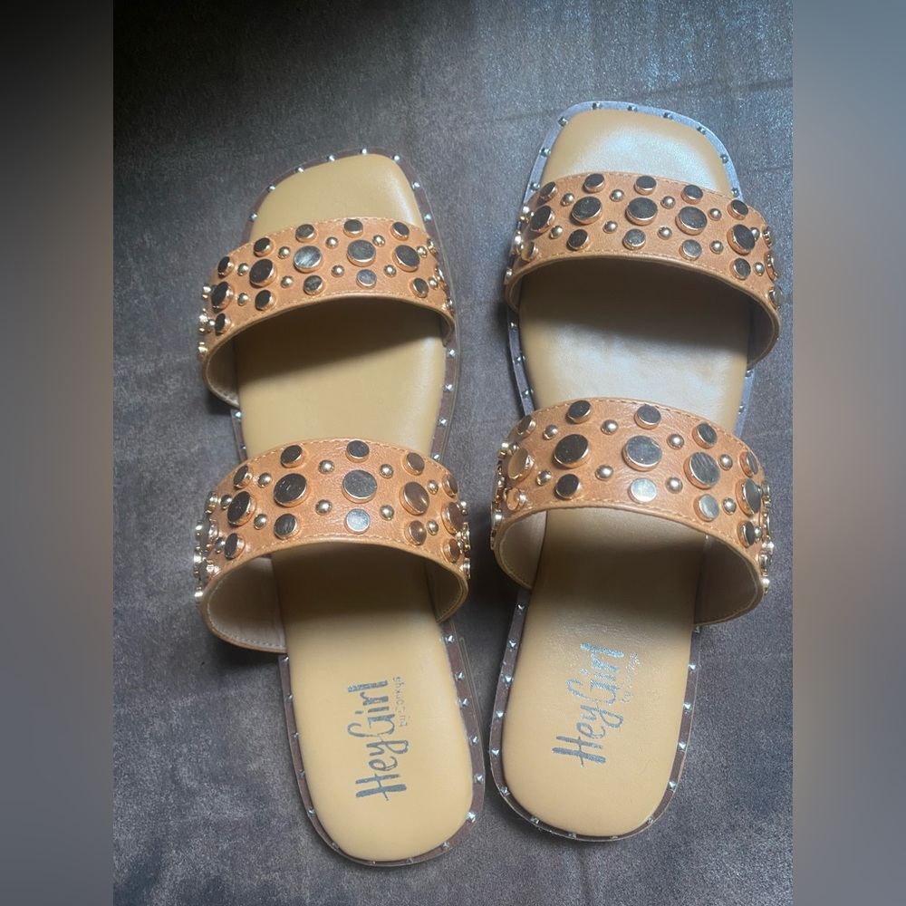 Corkys Cognac Double-Strap Studded Slide Sandals